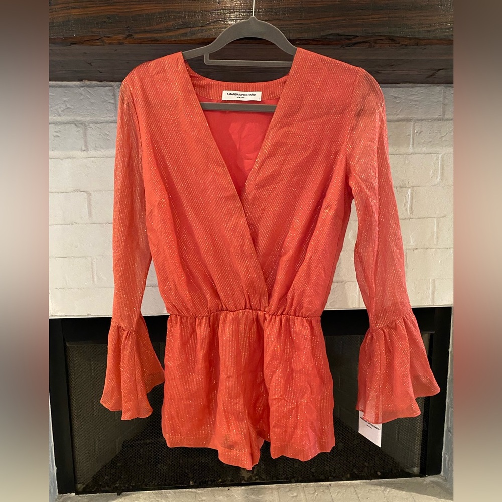 Amanda Uprichard pink and metallic gold stripe romper